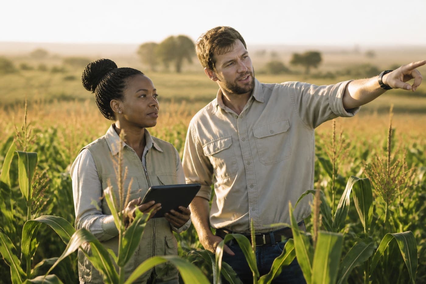 Agronomists with a tablet reviewing crops in an African maize field