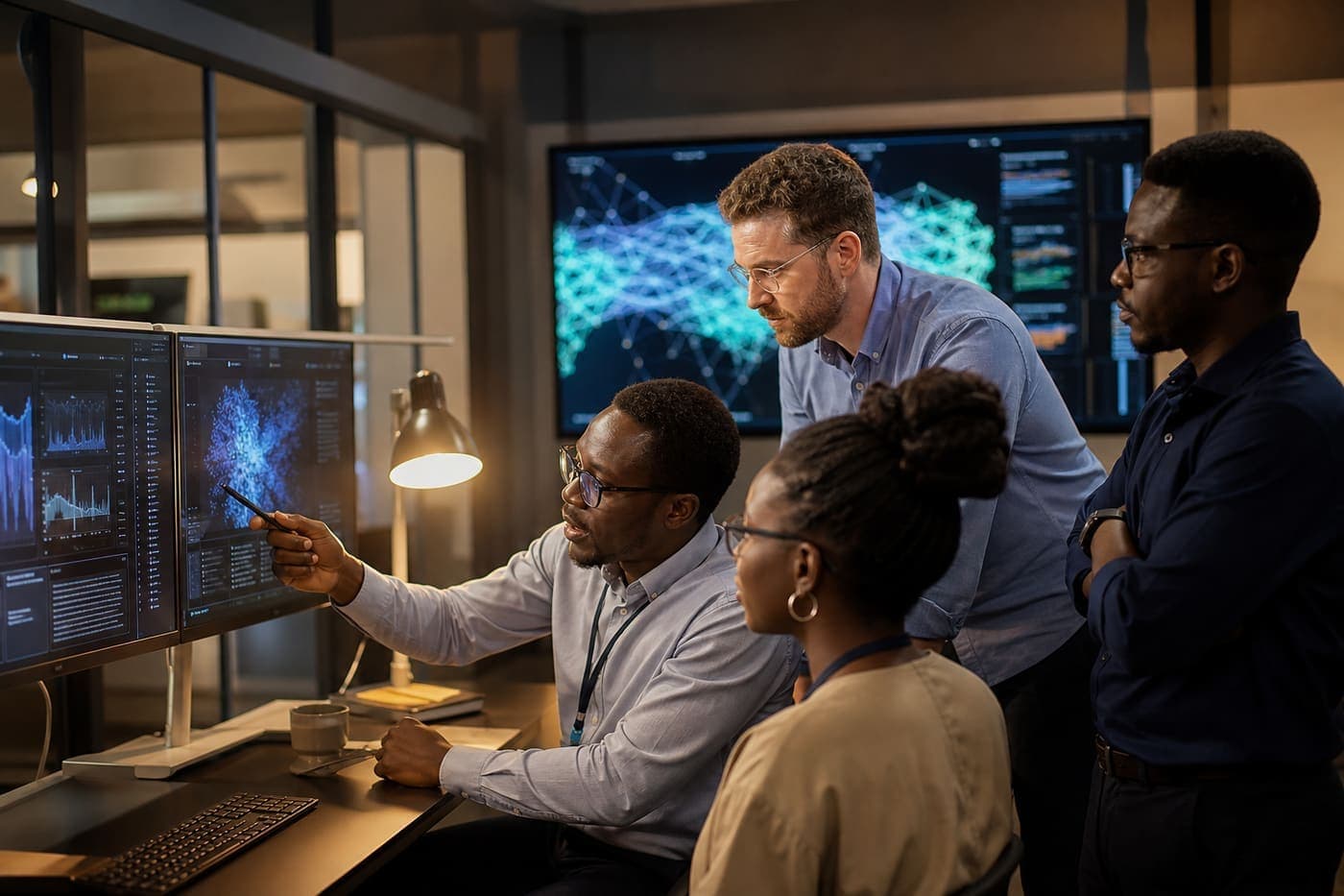 Diverse African and White engineers reviewing AI dashboards together