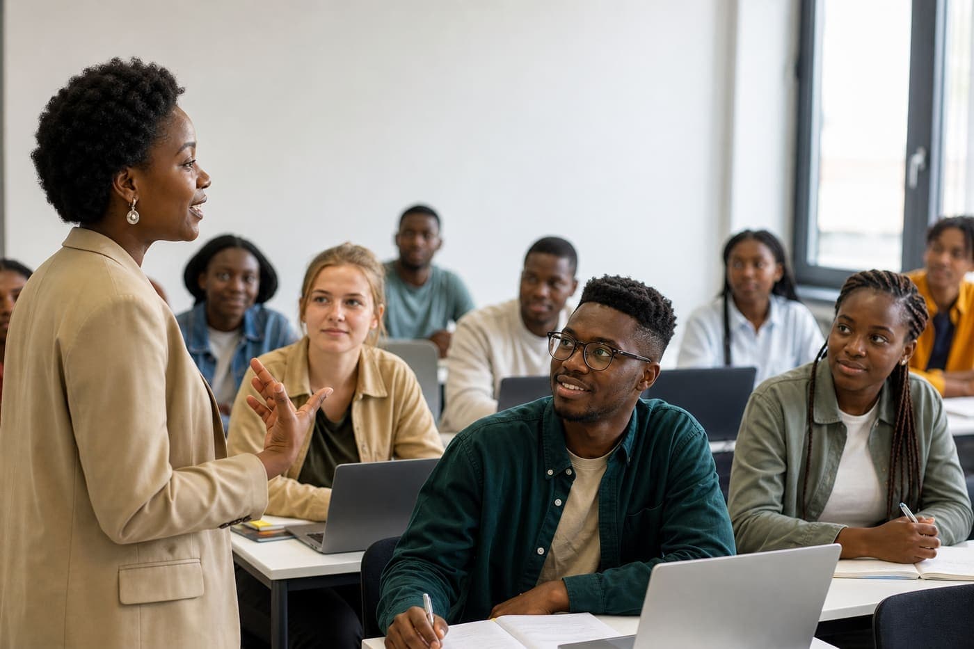 African teacher and mixed African and White students in a modern classroom