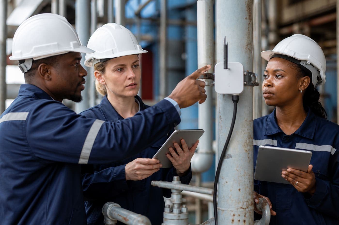 African and White engineers inspecting IoT sensors and connected devices