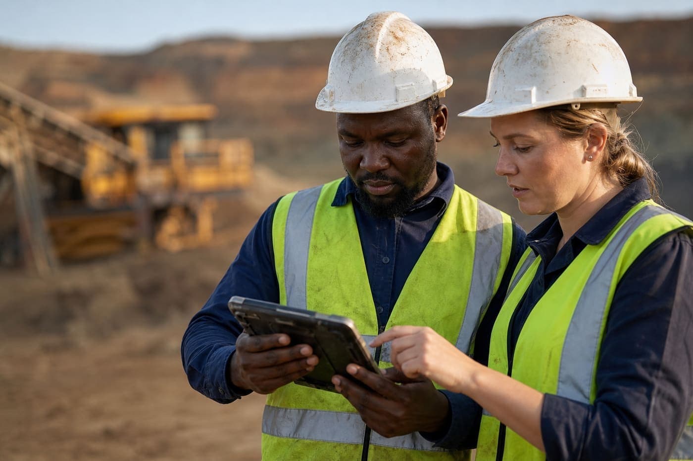 African and White mining engineers reviewing data on a tablet at an industrial site