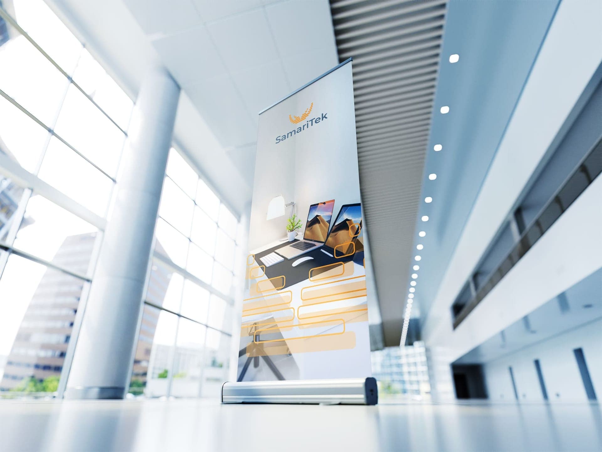 SamariTek roll-up banner in a modern office space