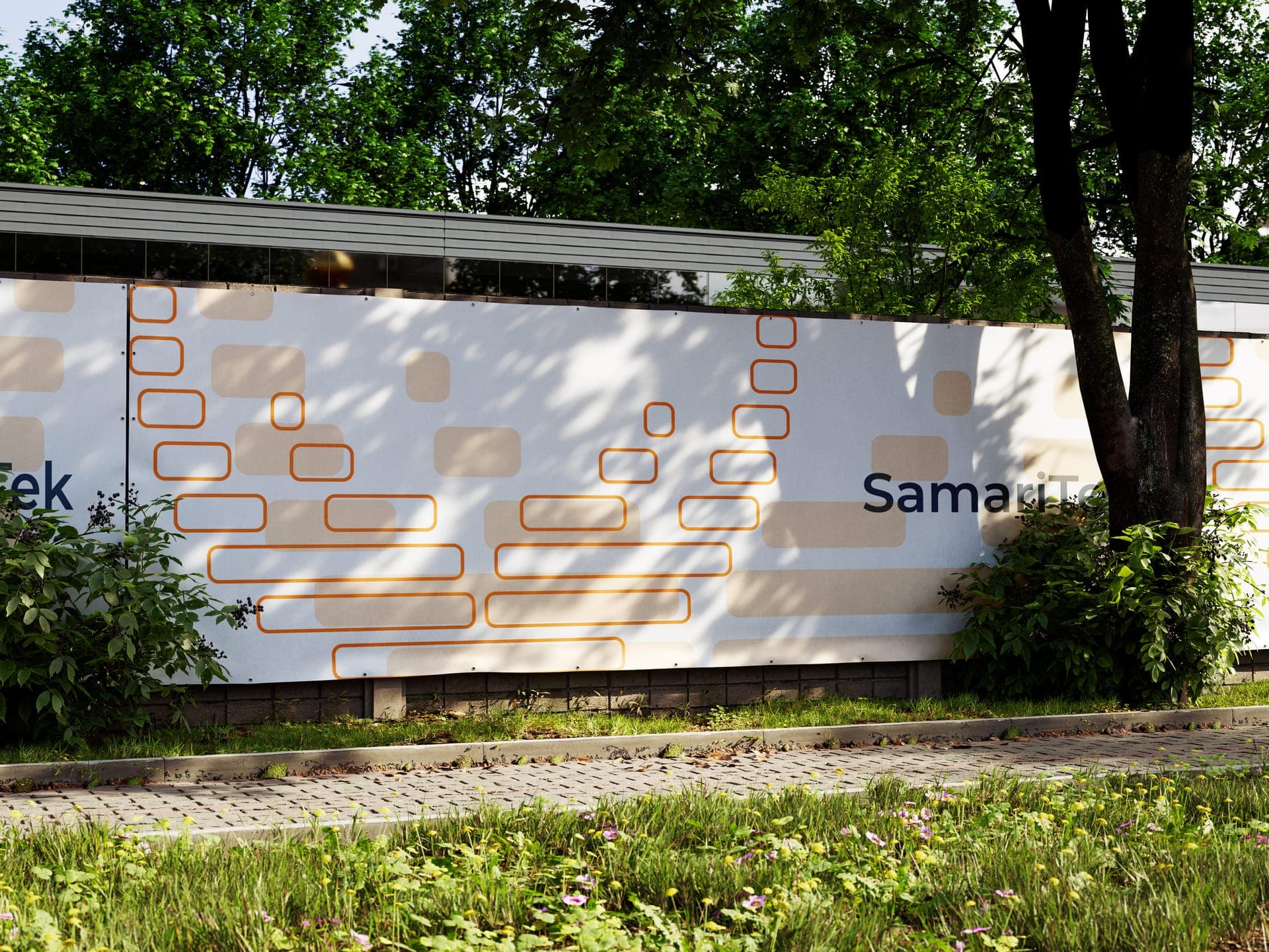 SamariTek branded banner at our outdoor workspace